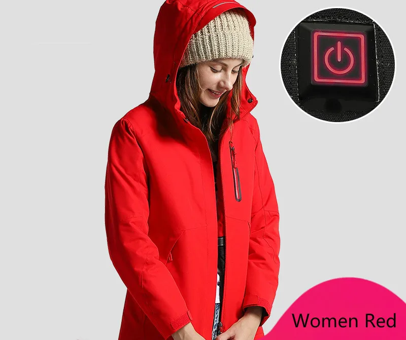 Мужская и женская куртка с подогревом, водонепроницаемая куртка с капюшоном для холодной погоды, система быстрого нагрева, зимние пальто и куртки - Цвет: Women Red