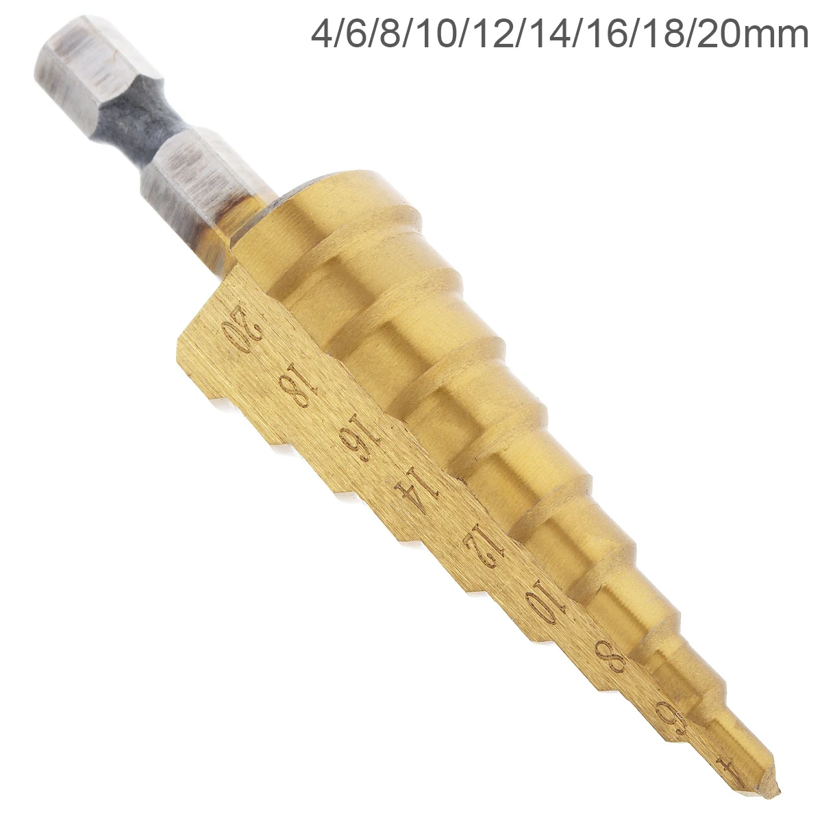 

1pcs 4-20mm 4241 HSS 9 Step Drill Bits Pagoda Cone Drill with 1/4" Hex Shank Titanium-plated Surface Treatment for Wood Drilling