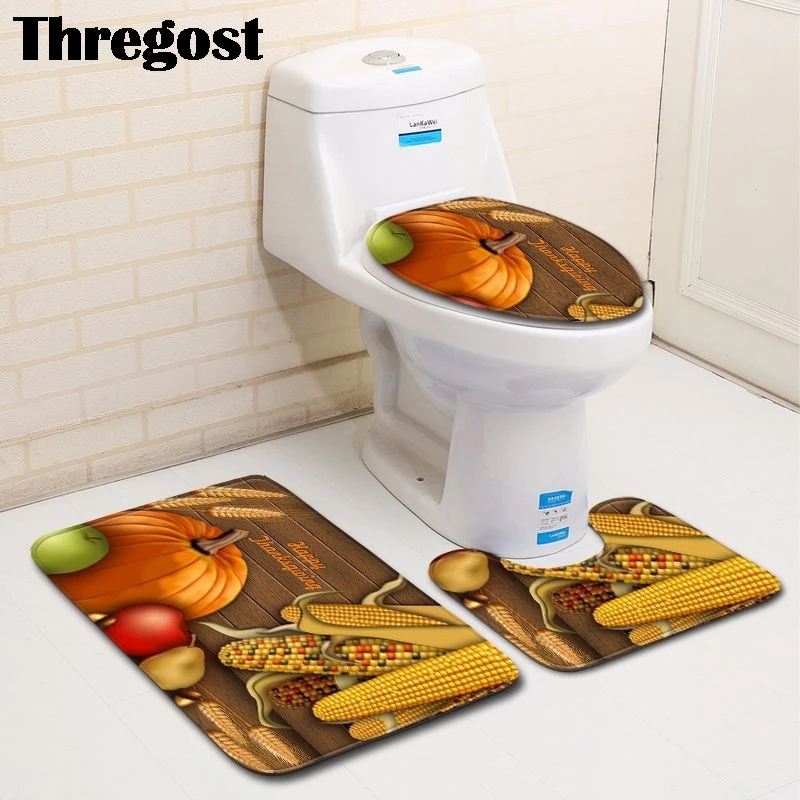 

Bath Mat 3pcs/set Thanksgiving Pattern Toilet Cover Foot Pad Non-slip Absorbent Bathroom Door Mat Flannel Soft Bath Rug Carpet