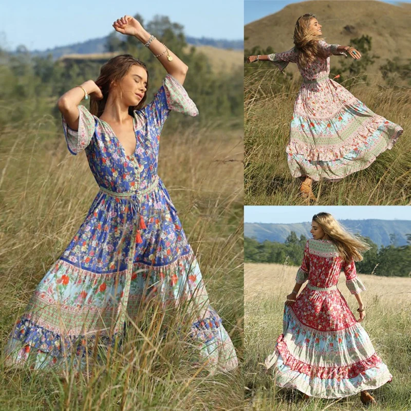 Летнее длинное женское платье с цветочным принтом Boho пляжное платье туника Макси платье женское вечернее платье Сарафан Vestidos