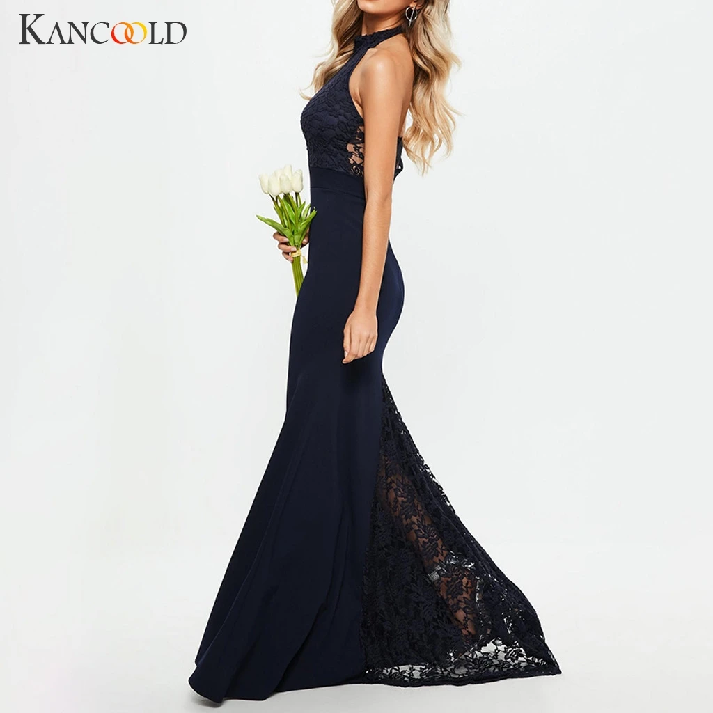 Женская юбка годе с открытой спиной темно синяя кружевная лямкой на шее|Платья| |