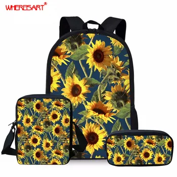 

WHEREISART Sun Flower Kids School Bags for Teen Girls 3Pcs/Set Small Floral Design Teenagers Backpacks Children Canvas Schoolbag
