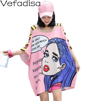 

Vefadisa Character Print Women T-shirt 2020 Summer Strapless Plus Size Short Sleeve T-shirt Sequin Women T-shirt Pink QYF2352