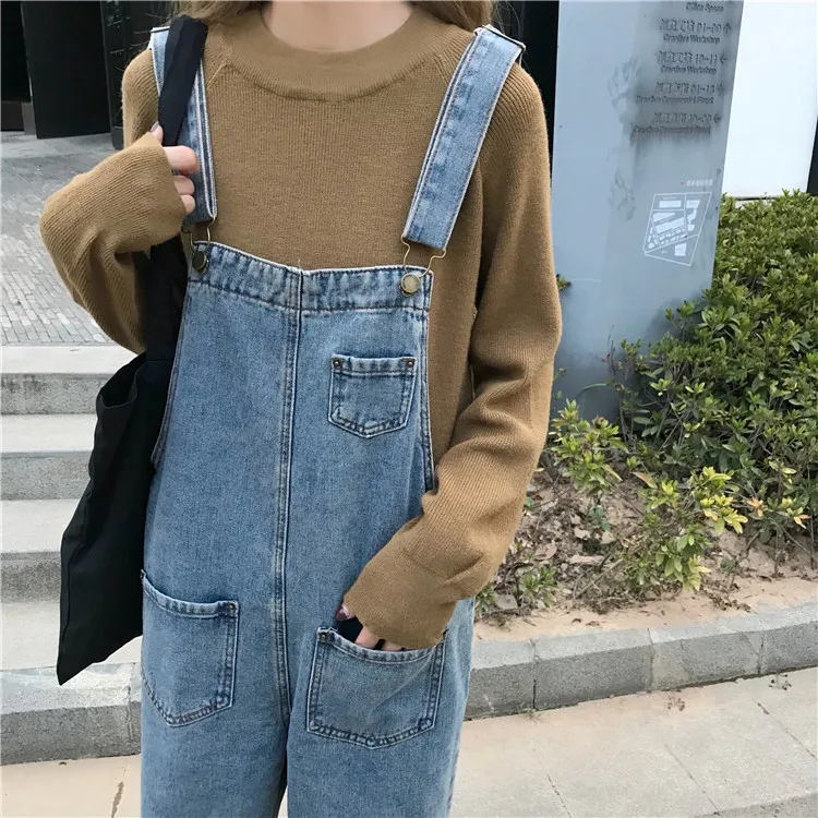 moda feminina Korean Jeans overalls pockets high waist regular elastic waist casual style autumn hot Women's Clothing ins Female