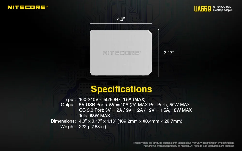 NITECORE UA66Q 6-Порты и разъёмы QC Зарядное устройство USB адаптер 68 Вт высокой мощности Скорость зарядкой зарядное устройство QC 3,0/QC 2,0 Выход Aavaiable большого Ёмкость устройств