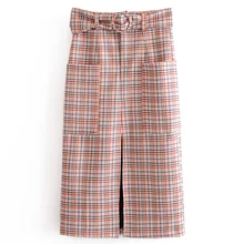 Fandy lokar клетчатая юбка с принтом, женская модная юбка с поясом и поясом, женская элегантная юбка с карманами, юбки до середины икры для женщин