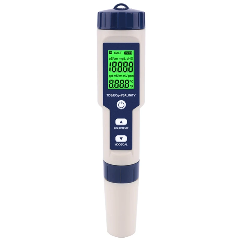 

5 in 1 TDS/EC/PH/Salinity/Temperature Meter Digital Water Quality Monitor Tester for Pools, Drinking Water, Aquariums(with Backl