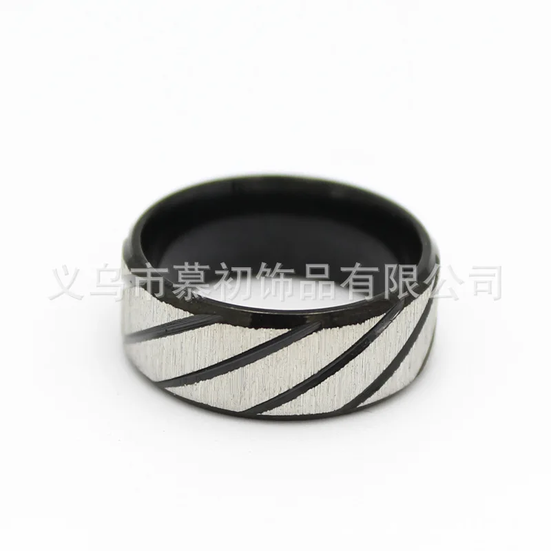 Simple Stainless Steel Couples Ring Titanium Steel 8mm Double Bevel Batch Flower Couples Ring Black And White with Pattern Stain