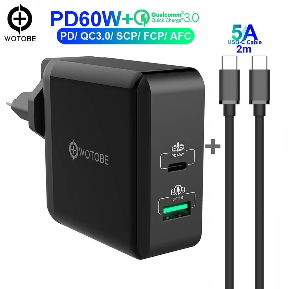 WOTOBE 2 порта USB-C зарядное устройство, 1 порт PD60W и 1 QC3.0/SCP/AFC 22,5 Вт USB C кабель для huawei p20/30 MacBook iPad iPhone s10