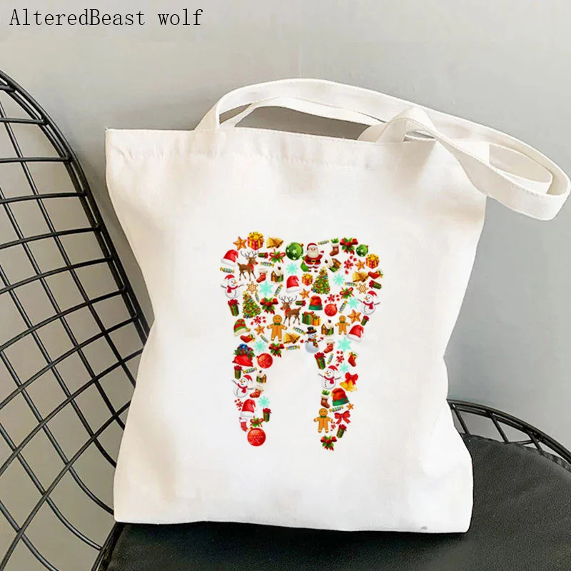 

Women Shopper bag Dental squad teeth Kawaii Bag Harajuku Shopping Canvas Shopper Bag girl Christmas Tote Shoulder Lady Bag