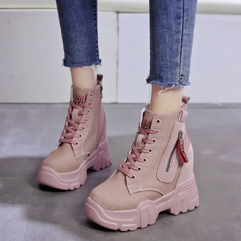 

Autumn Platform Heel Cloth Breathable Casual Shoes Women's Lace-up Trend High Shoes Elevator Harajuku WOMEN'S Shoes