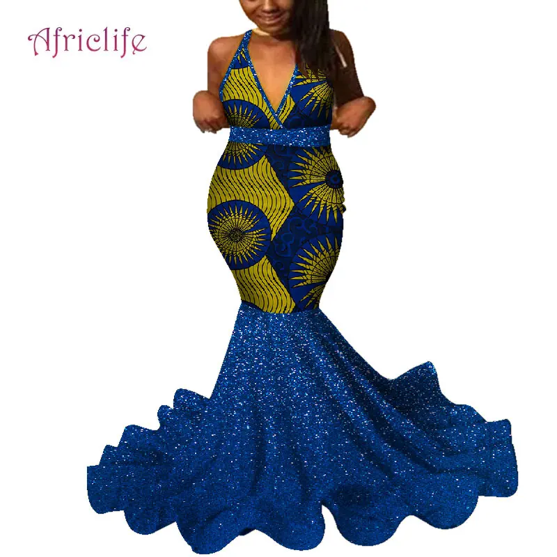 20 Африканское женское свадебное длинное платье, сексуальное вечернее платье с глубоким v-образным вырезом для женщин, африканская Женская одежда с принтом без рукавов WY4641 - Цвет: 20