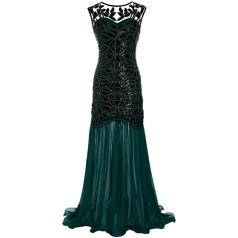 Black Green Dress Женские 1920s в бусинах и пайетках геометрический узор Макси Длинный Хлопушка в стиле Гэтсби платье - Цвет: Black Green Dress
