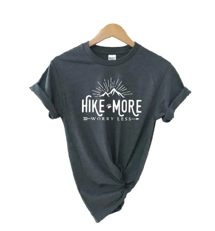 dark gray white word Hike More Worry Less футболка на открытом воздухе Wanderlust Футболка женская Стрела Приключения Кемпинг природа Топ Футболка короткий рукав женские топы - Цвет: dark gray white word