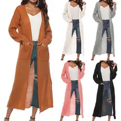 Женский длинный кардиган, свитер, куртка осень-зима, модный длинный рукав, тонкий Свободный вязаный кардиган, нерегулярный раздельный