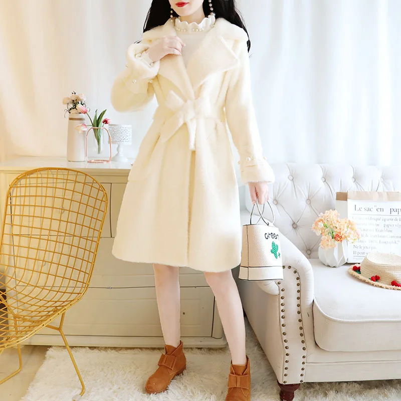 Winter New Style Fresh Fashion Mink Fur Handmade Beading Large Lapel Lace-up Mid-length Woolen Cloth Coat
