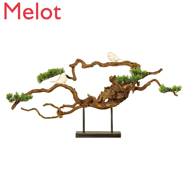 

New Chinese Style Zen Ornament Hallway Artificial Greeting Pine Dried Wood Root Carving Backflow Incense Iron Art Decorations