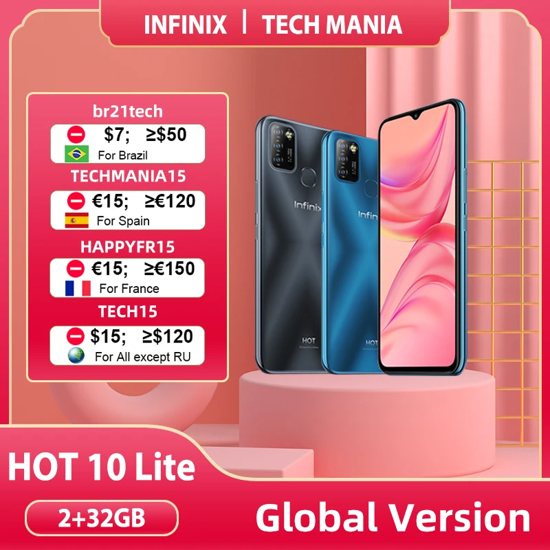 Infinix-teléfono inteligente 10 Lite, versión Global, 100%, Original, 6,6 pulgadas, Helio A20, 2GB, 32GB, desbloqueo facial, Triple CÁMARA DE 13MP