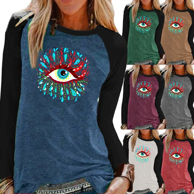 

The New Fashion Women Printing Graphic Tee Round Neck Pullover Raglan Long Sleeve Plus Size Loose Casual Tops Autumn and Winter