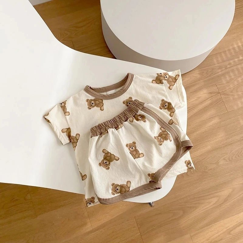 1229.0¥ 35% OFF|Milancel ベビー服セット,男の子用のクマのデザインの夏服,綿のtシャツとショーツ,2021|C...