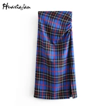 Huaxiafan, Женская юбка, синяя, с разрезом, клетчатая юбка, женская, прямая, осенняя, винтажный стиль, для офиса, для девушек, длинные юбки, faldas mujer moda