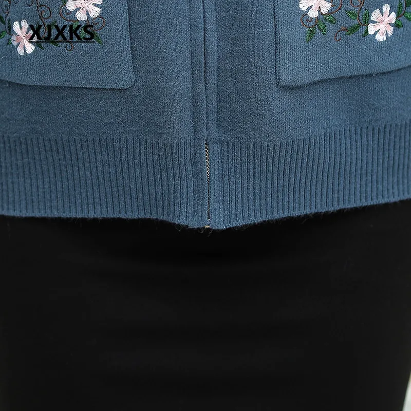 XJXKS Fashion with pocket embroidery women jacket autumn winter new loose plus size cashmere knitted sweater women cardigan