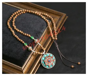 

Handmade Tibetan Anemone Gawu Box with Turquoise Ethnic Style Tibetan Bead Necklace Sweater Chain Hanging