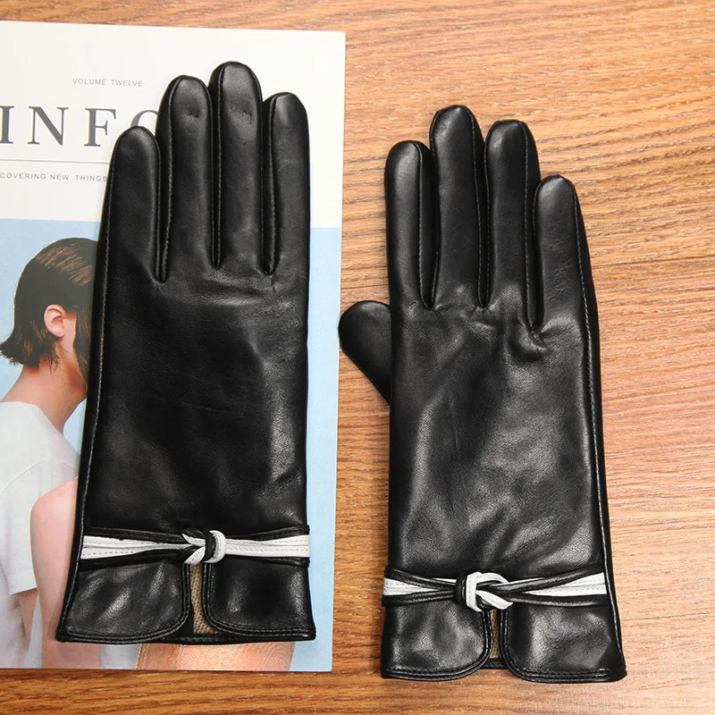 New Genuine Leather Women's Gloves Autumn Winter Thermal Wool Knitted Lined Sheepskin Gloves Female Black Wine Red L0131-9