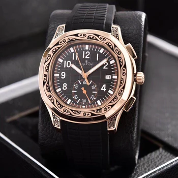 

Luxury Brand New Men Automatic Mechanical Rose Gold Carved Ancient Dual Time Black Blue Rubber Sapphire Limited Sport Watch AAA+