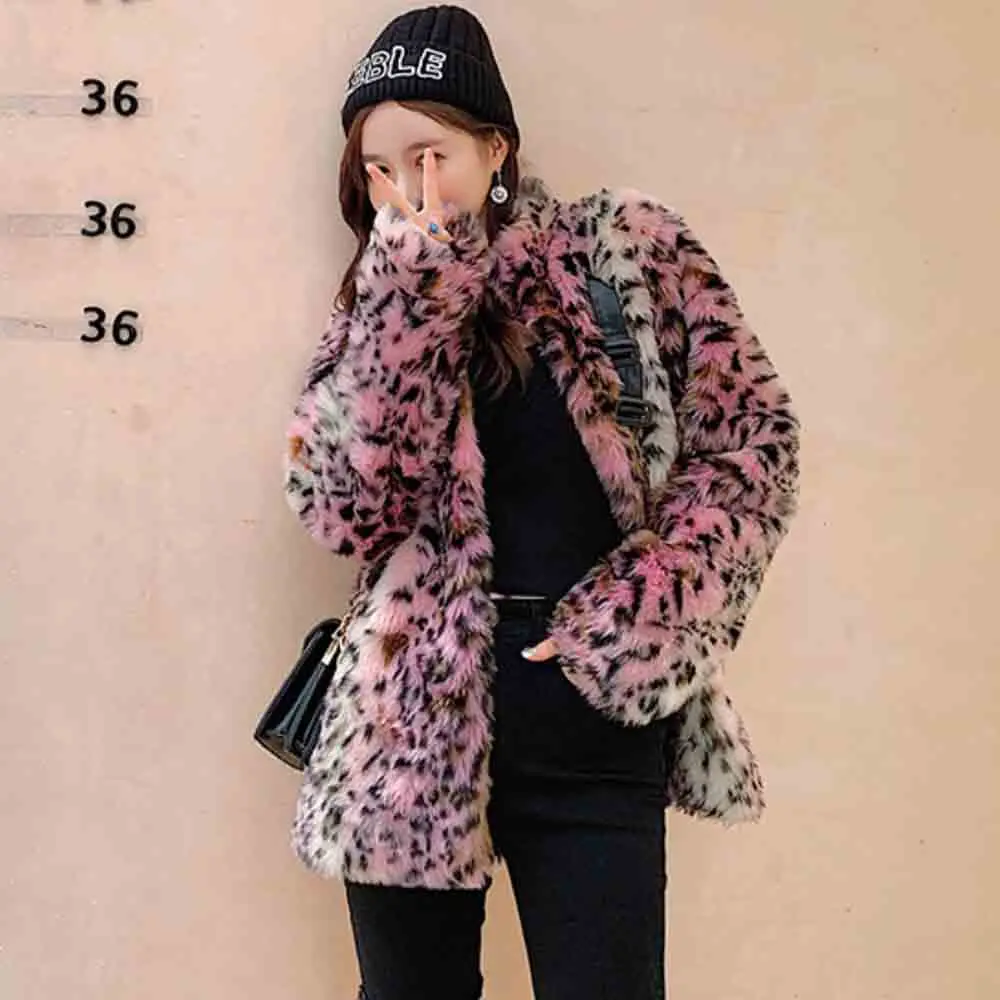 TXJRH корейский стиль Леопард мохнатый искусственный мех стоячий воротник пальто Куртка Карманы стильная женская зимняя теплая верхняя одежда топы
