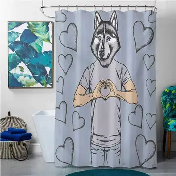 

Shower Curtains Teal Modern,Husky Dog Faced Man at Valentines with Hearts Romantic Love Display,Slate Blue Grey Sand Brown,W36 x
