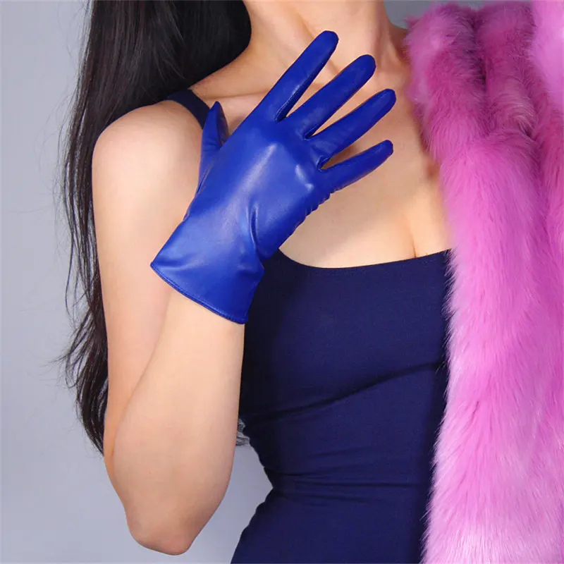 25 см женские перчатки из натуральной кожи короткие козья кожа тонкий бархат выстроились фиолетовые S00193-ZS - Цвет: Blue
