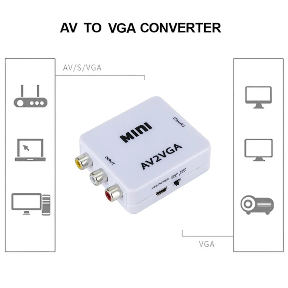 HD AV2VGA Video Converter Convertor Box AV RCA CVBS to VGA Video Converter Conversor with 3.5mm Audio to PC HDTV Converter Mini