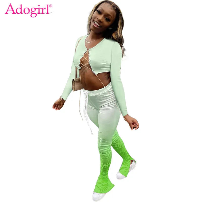 

Adogirl 2020 осенний женский сексуальный комплект из двух предметов, короткий топ с длинными рукавами и металлической цепочкой, многоцветные расклешенные брюки, клубная одежда