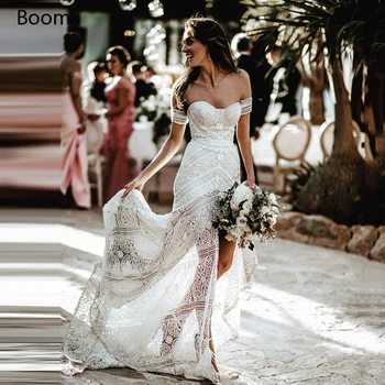 SUPER VENTA ❤️ Simple Boho encaje de sirena vestidos de novia marfil fuera del hombro trompeta novia Bohemia vestidos largos vestidos novia playa - discount item 45% OFF Bodas y eventos