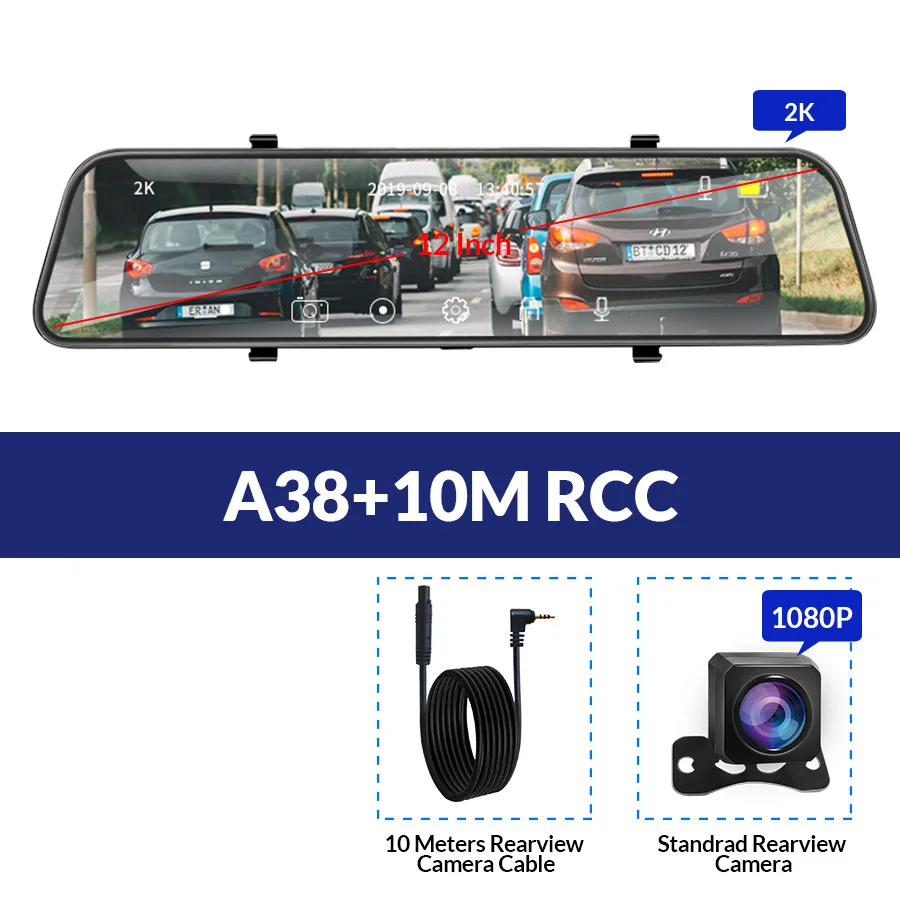 Автомобильный видеорегистратор E-ACE A38, 12 дюймов, медиа, зеркало заднего вида 2 K, видеорегистратор ночного видения, автоматический Регистратор с камерой заднего вида 1080P - Название цвета: A38-10M RCC