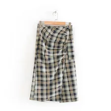 QZ8312 Осенняя Женская модная клетчатая юбка с завышенной талией и пуговицами от морщин сбоку Saias