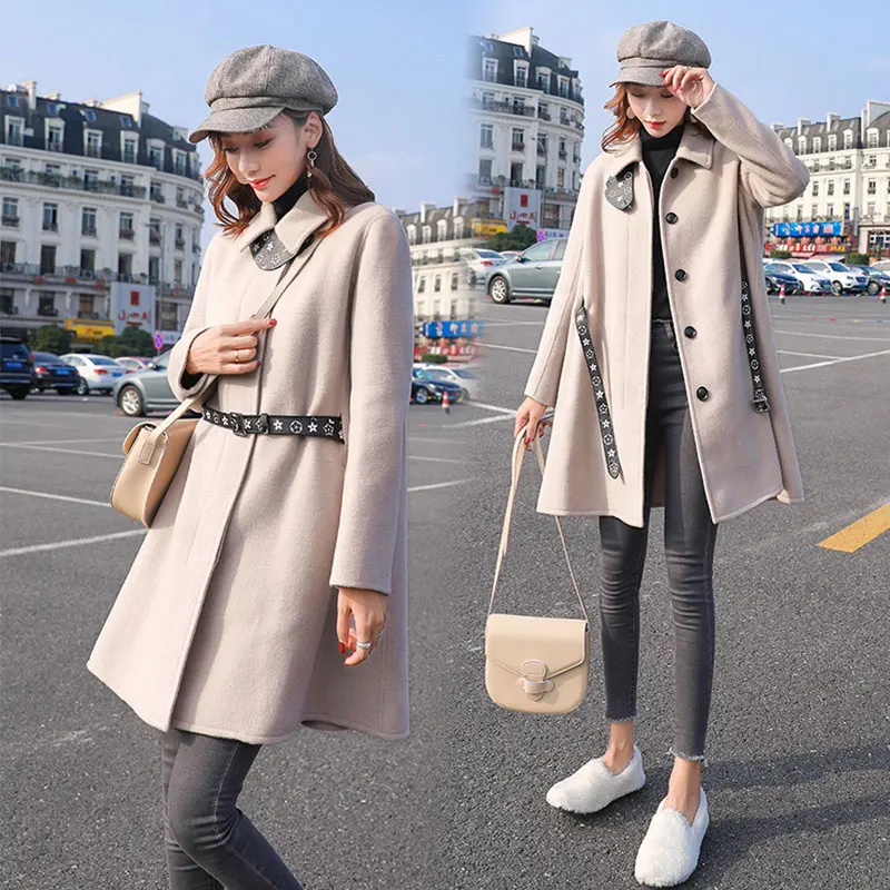 Beige Шерстяное Женское пальто средней длины, корейский Свободный Модный Плащ, универсальное пальто, осенне-зимняя шерстяная Женская куртка SS694 - Цвет: Beige