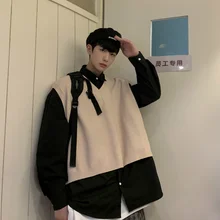 Autumn V-neck Sweater Vest Men's Fashion Casual Knitted Pullover Men Korean Loose Black Gray Khaki Sleeveless Sweater Mens