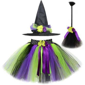 Falda de tutú para niña bruja, disfraces de Cosplay de Halloween para niña, faldas de tul de princesa con sombrero de bruja, escoba mágica, Tutus para niño