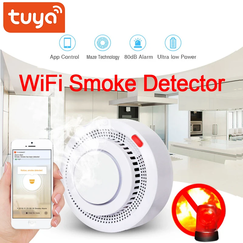 Tuya-Detector de humo wifi para el hogar, sistema de seguridad para el hogar, con alarma de humo y protección contra incendios