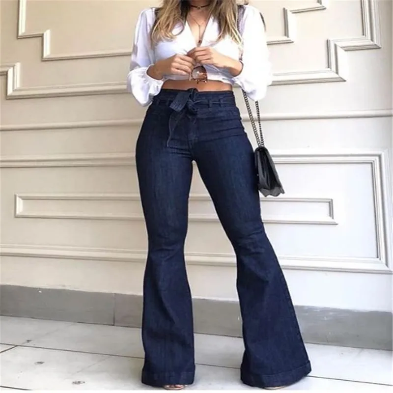 Denim Flared Pants for women High Waist lace-up Jeans casual Trousers Female spring and autumn clothing S-2XL Drop Shipping
