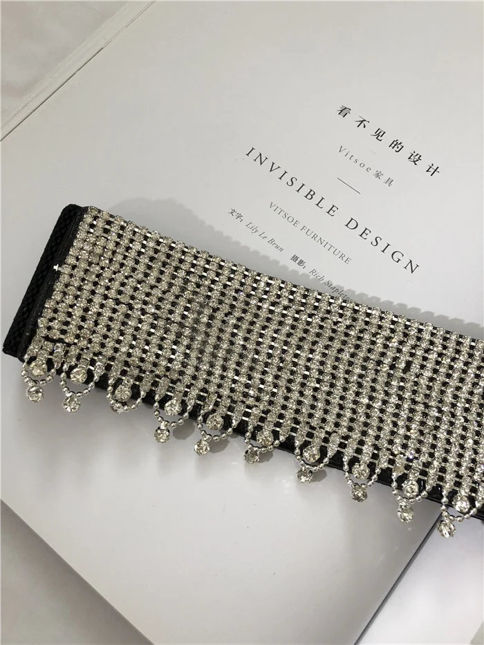 Women fashion blingbling fringe belt sexy club diamond beading knitted elastic belts autumn winter new