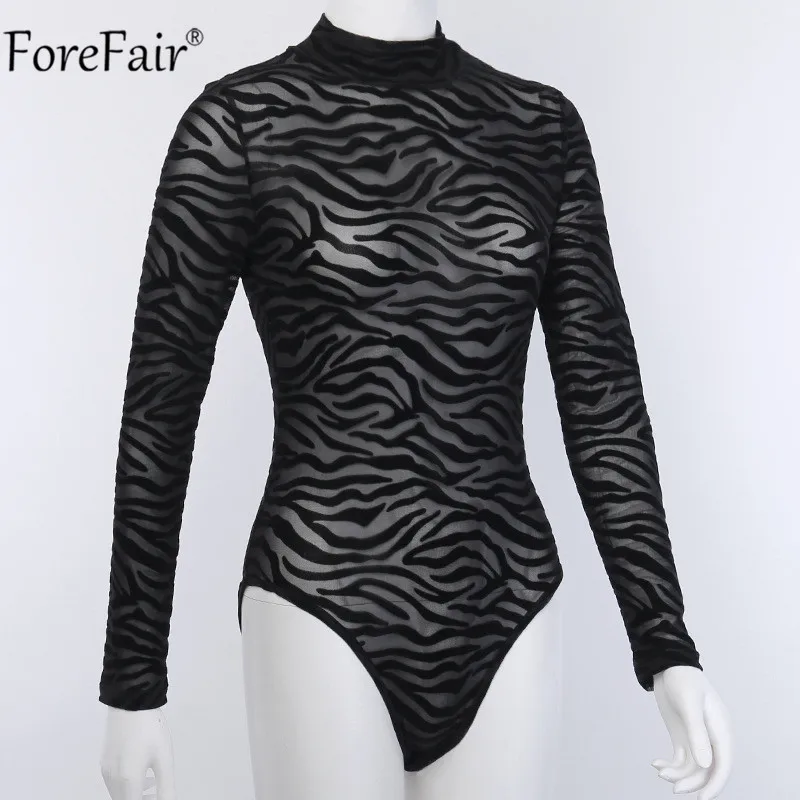 bodysuit women Forefair Mesh Turtleneck Women Bodysuit See Through Long Sleeve Body Top Zebra Print Black Autumn Ladies Sexy Bodysuits plus size bodysuit