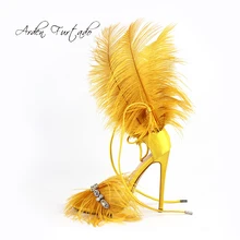 Arden Furtado/Коллекция года; сезон весна-лето; пикантные туфли на высоком каблуке 12 см; стиль; женские вечерние туфли с перьями; цвет желтый, красный, синий, серый
