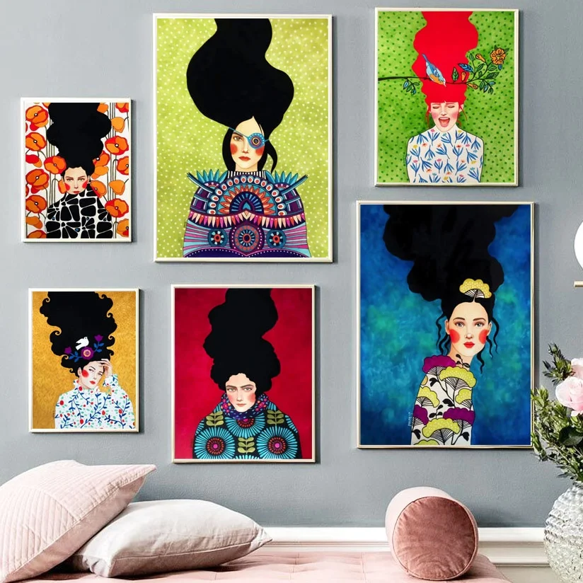 Абстрактная девушка волосы цветок птица настенная Картина на холсте