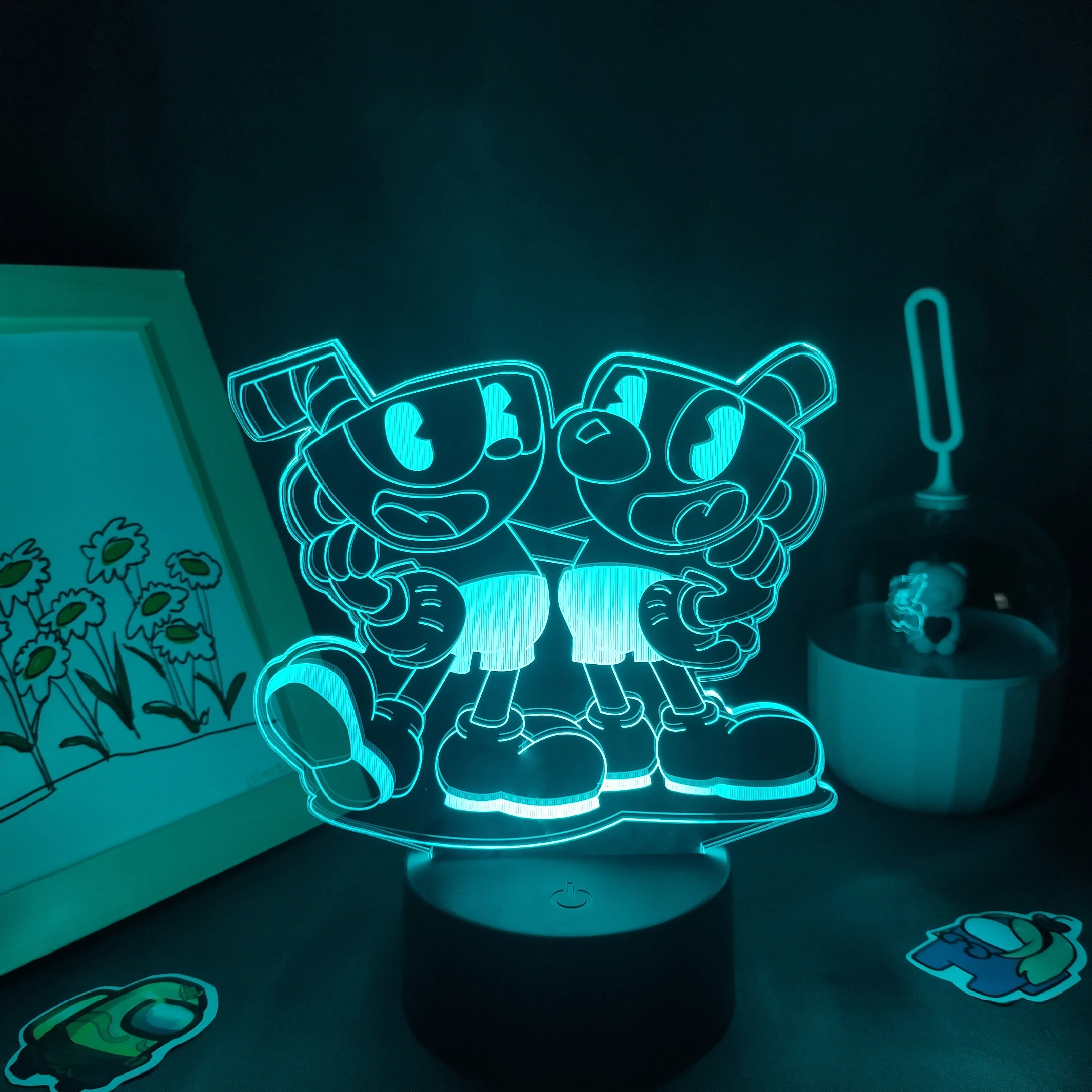 Cuphead Mugman ���� 3D Led ��� ���� RGB �׿� ���͸� �߰� ���� ģ�������� ���� ���� ���� �� ���̺� å�� ��ä�ο� ���