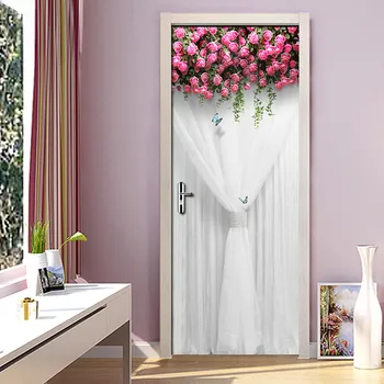 

DIY Self-adhesive Door Sticker PVC Wall Mural Pink Flowers White Silk Wedding Room Bedroom Waterproof Door Decoration Wallpaper