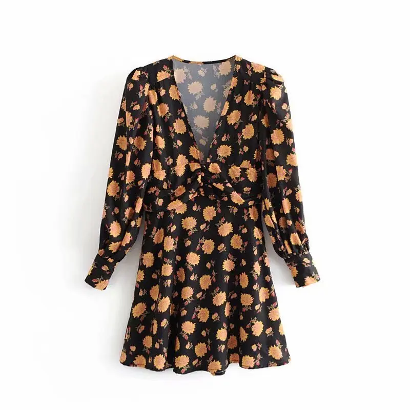 

Autumn New Style Europe And America Star Celebrity Style Versatile Slim Fit Slimming Floral Print V-neck Long Sleeve One Piece S