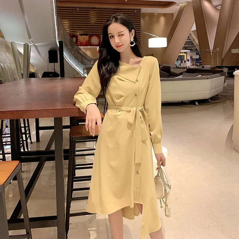 

long women dress yellow elegant 2019 autumn new fashion Bandage bow Sashes Asymmetrical Solid office lady beauty dress special